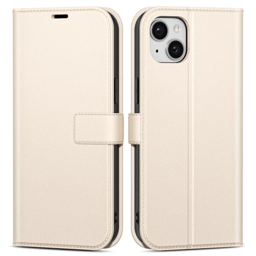 oakxco for iPhone 14 Plus/ 15 Plus Wallet Case with Credit Card Holder, Magnetic RFID Slim Folio Book Flip Leather Phone Case for Women Men Girl, Cute Silicone Rubber Shockproof Cover, Beige White - color: Beige, size: 14 Plus/ 15 Plus