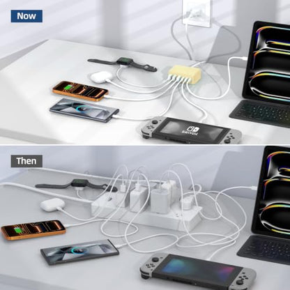 100W 6 in 1 USB Charger, 50% Smaller Charging Station for Multiple Devices - color: Yellow