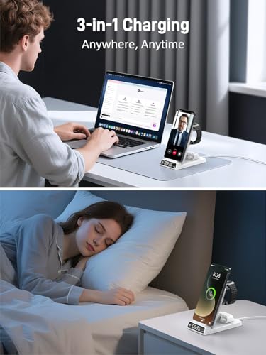 Wireless Charger for Samsung S25 with Clock 3 in1 Foldable Charging Station - color: White