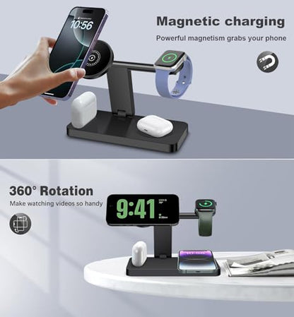 25W Magnetic Wireless Charging Stand 4 in 1 Wireless Charging Station for Mag-Safe,iPhone 17 Pro Max/17 Air/16 Pro/16 Plus/15/14/13/12 mini,AirPod Pro,Apple Watch