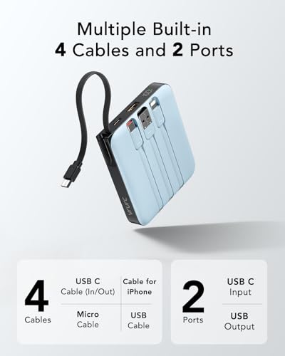 VRURC Portable Charger for iPhone with Built-in Cable, 10000mAh 22.5W Fast Charging USB C Battery Pack, Cell Phone Power Bank for iPhone 17 16 15 & Samsung Galaxy Series (Blue) - color: Blue