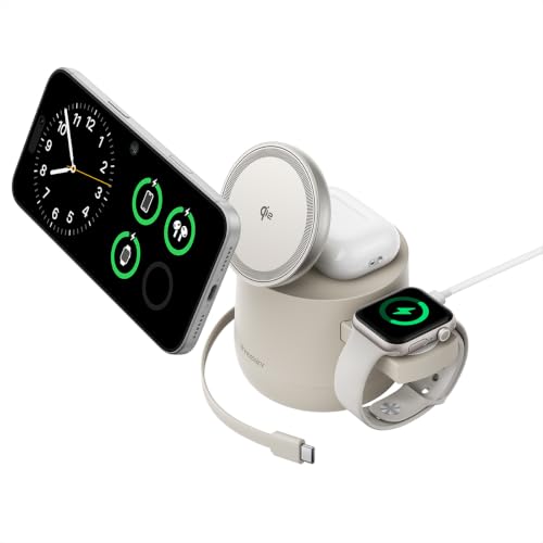 THREEKEY 4 in 1 Qi2 Magnetic Wireless Charging Station, 15W Fast Charger with Made for Apple Watch Charging Module, for iPhone 18–12 Series & AirPods, 65W Adapter Included - color: Sand