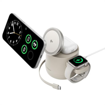 THREEKEY 4 in 1 Qi2 Magnetic Wireless Charging Station, 15W Fast Charger with Made for Apple Watch Charging Module, for iPhone 18–12 Series & AirPods, 65W Adapter Included - color: Sand