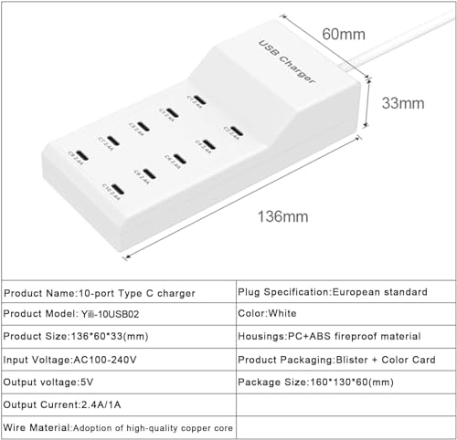 USB C Charger, 10 Ports USB Charging Station, 50W Multi-Port USB C Charger - size: 10Ports-50W