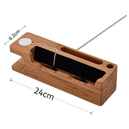 MOOZO Bamboo Wood Desktop Charging Dock Station Charger Holder Cradle Stand Compatible iPhone 16 15 14 13 12 11 Pro Max Apple Watch 2 3 4 / iWatch Samsung Galaxy S8 S7 S6 Edge Plus LG HTC Smartphones - color: 3 in 1 Charger Stand