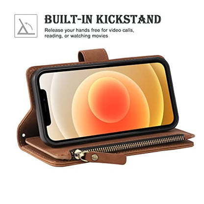 RANYOK Wallet Case Compatible with iPhone 13/14 (6.1 inch), Premium PU Leather Zipper Flip Folio Wallet RFID Blocking with Wrist Strap Magnetic Closure Built-in Kickstand Protective Case (Brown) - color: Brown