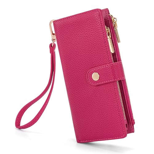 Montana West Womens Wallet Wristlet Ladies Female Large RFID Wallet Large Capacity Credit Card Phone Wallets Minimalist Casual Travel Clutch Wallets with ID Window for Valentine's Day - color: Hot Pink