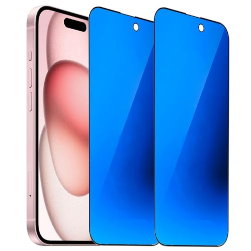 2 Pack Anti-Blue Privacy Tempered Glass for iPhone 15 / iPhone 16 Mirror Anti-Spy Screen Protector Anti-Peeping Film Electroplated Blue 6.1 inch - size: For iPhone 15 / iPhone 16