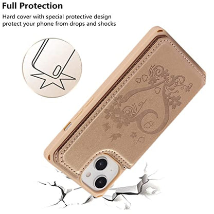 iCoverCase Compatible with iPhone 14 Wallet Phone Case with Card Holder for Women, RFID Blocking Embossed PU Leather Wrist Strap Case 6.1 Inch (Heart Gold) - color: H-Gold