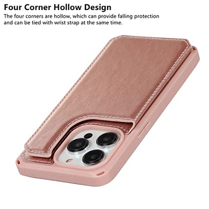 iCoverCase Compatible with iPhone 14 Pro Wallet Phone Case with Card Holder for Women, RFID Blocking Embossed PU Leather Wrist Strap Case 6.1 Inch (Macaron Rose Gold) - color: P-Rose Gold