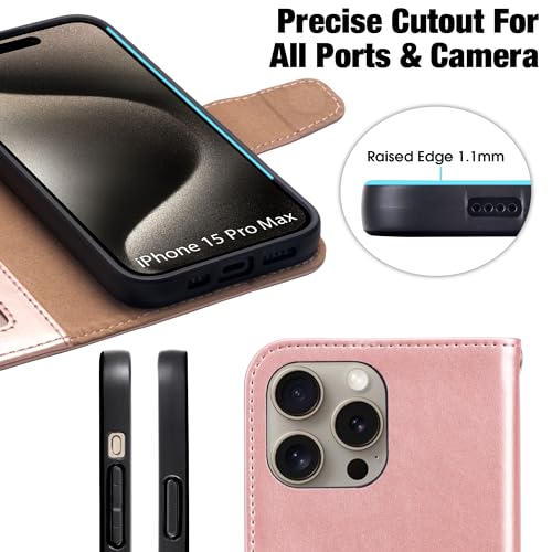 Arae Compatible with iPhone 15 Pro Max Case with Card Holder and Wrist Strap Wallet Flip Cover for iPhone 15 Pro Max 6.7 inch,Rose Gold - color: Rose Gold, size: iPhone 15 Pro Max 6.7 inch