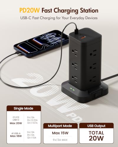12AC 3USB Power Strip Tower Surge Protector 1800J, 10ft, Black, 1 - color: Black, size: 10ft