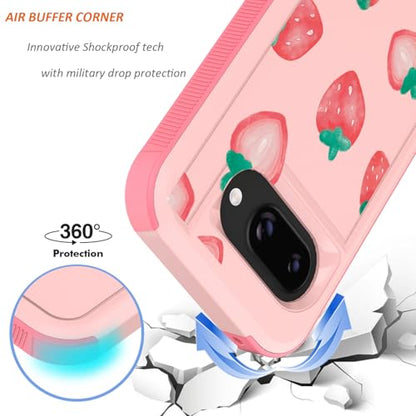 for Google Pixel 9a Case 2025: (Strawberry) | Cute Flowers Floral Design, for Girls Women, Military Grade Drop Protection, TPU Bumper Shockproof Silicone Phone Cover - color: Strawberry