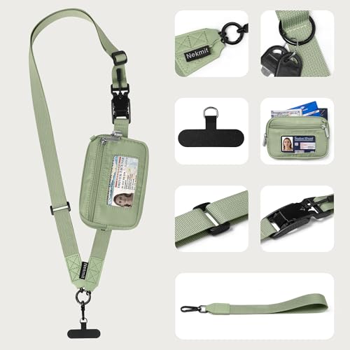 Nekmit Clip and Go Strap for Phone with Wallet Crossbody, Adjustable Phone Lanyard with Detachable Zippered Pouch & Wristlet - color: Green
