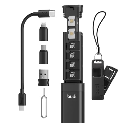 BUDI Multifunctional Compact Cable Card Travel Portable Aluminum Storage Case with Sim Card Tray Pin Eject Removal Tool Needle Opener Ejector with SIM/TF Card Storage Small Box