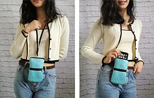 Tainada Zipper Neck Phone Pouch Bag w/Belt Loop Holster (Floral Turquoise) | For Women; Water-resistant neoprene shockproof lightweight cell phone case carrier w/ clip; Compatible w/ most smartphones - color: Floral Pattern Turquoise