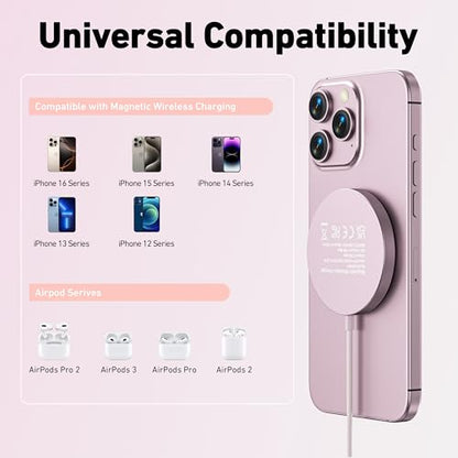 BENFEI Magnetic Wireless Charger Compatible with MagSafe for iPhone 17/16/15/14/13/12, Aluminum, up to 7.5W, 1.5m Cable - color: Pink