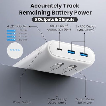 Portable Charger 40,800mAh Power Bank 25W Portable Battery Pack with 2 Built in Cables [2026 Upgraded], PD QC4.0 Fast Charging Portable Phone Charger Compatible with iPhone 17/16,Android Samsung-White - color: White