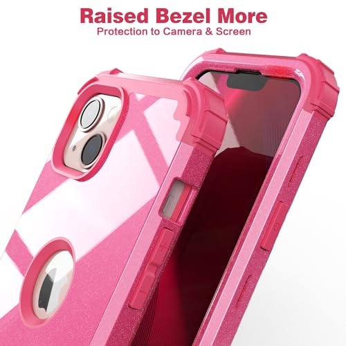 IDweel for iPhone 15 Case with Screen Protector,Luxury 3 in 1 Shockproof Slim Fit Hybrid Heavy Duty Protection Glitter Hard PC Cover Soft Silicone Bumper Full Body Case,Glitter Rose Red - color: Glitter Rose Red