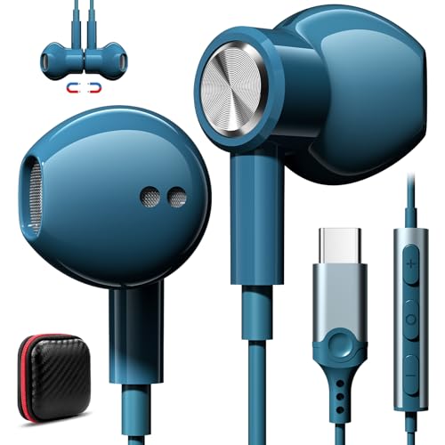 Jelanry Magnetic USB-C Wired Earbuds HiFi Stereo Headphones with Mic, Blue - color: Blue