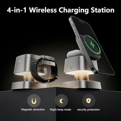 4 in 1 Charging Station for Apple Devices, 3 in 1 Wireless Charger Stand with Night Light for iPhone 17/16/15/14/13/12 Pro Max, Watch AirPods, 15W MagSafe Magnetic Charging for Bedroom Office - color: Titanium‑Gray