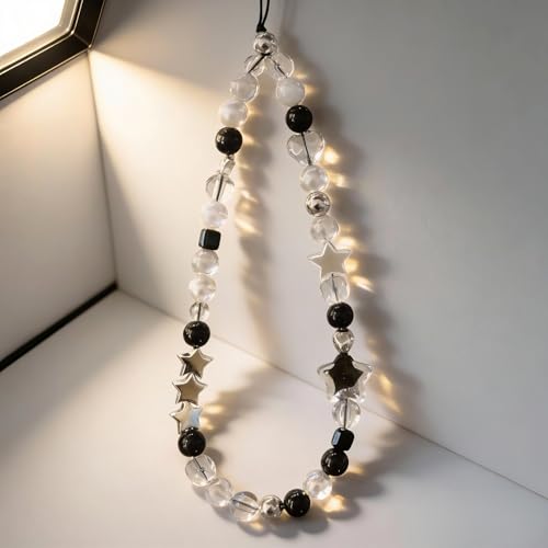 Cute Beaded Camera Wrist Strap for Phone, Digital Camera Charm Lanyard, Pearl Beaded Chain for Bag Keychain Gift - color: Black Star