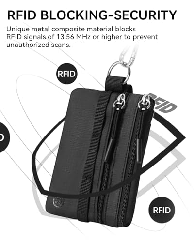 BOSTANTEN Small Wallet RFID, Minimalist Zip ID Case Wallet with Lanyard Keychain, Water Resistant Card Wallets for Women & Men, Black