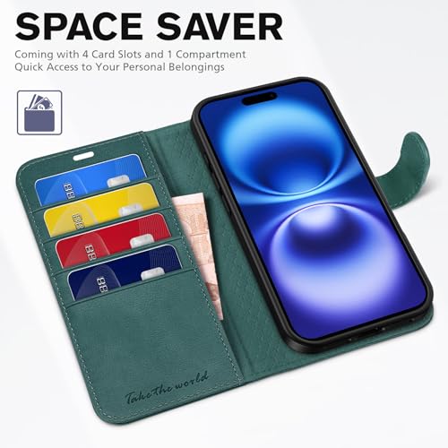TUCCH Case Wallet for iPhone 16 (6.1") 2024, RFID Blocking Folio, Teal Blue | 4 Card Holders, Kickstand, PU Leather, Magnetic Closure, Shockproof TPU Shell, Protective Flip Cover - color: Textured Teal Blue