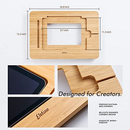 ELETIUO Upgraded Bamboo Wooden Drawing Ipad Holder with Pencil&Charger Cable Slot, Multi-Angle Adjustable Tablet Desktop,Foldable Portable Stand,Compatible with 12.9 inch ipad pro 3rd/4th/ 5th Gen - size: 16.8*12.2*1.4 inch