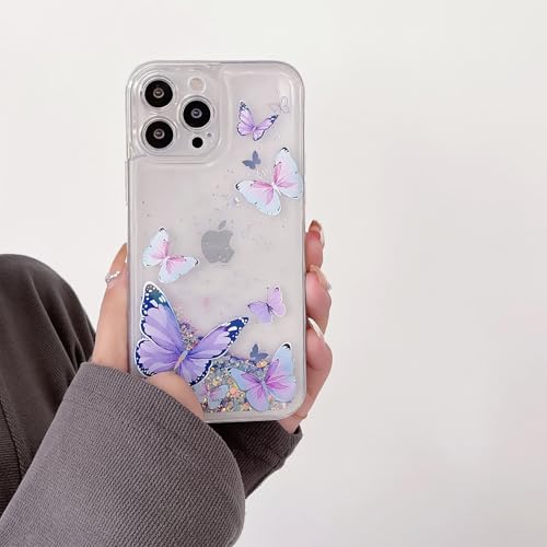 Compatible with iPhone 16 Pro Max Glitter Butterfly Case Glow in The Dark Women Girls Girly Bling Sparkle Flowing Quicksand Light up Case Soft TPU Bumper Luminous Clear Phone Cover, Purple - color: Purple, size: iPhone 16 Pro Max