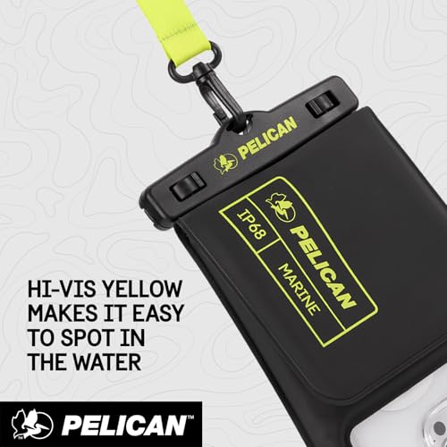 Pelican Marine Waterproof Phone Pouch w/Storage Pocket -Black/Hi-Vis Yellow | Large Touchscreen IP68 Floating Waterproof Phone Case w/Detachable Lanyard - Fits All Phones - Beach Cruise Travel Essentials - color: Black/Neon - 1 Pack - Large w/ Storage Poc