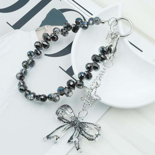 Crystal Beaded Phone Wrist Strap, Cute Cellphone Lanyard Chain, Bow Keychain Wristlet Bag Charms for Women - color: Bow/Black
