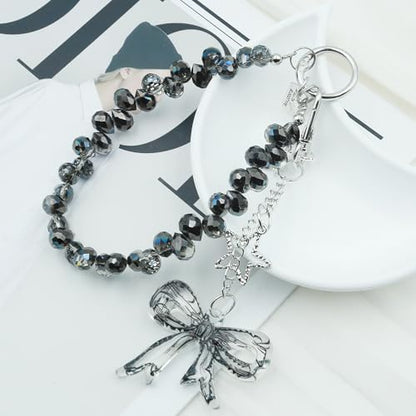Crystal Beaded Phone Wrist Strap, Cute Cellphone Lanyard Chain, Bow Keychain Wristlet Bag Charms for Women - color: Bow/Black