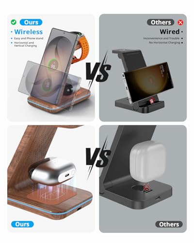3 in 1 Wireless Charger for Samsung: JoyGeek Charging Station for S26/S25/S24/S23/S22/S21/S20/Note20/Z Fold&Flip Series, Galaxy Watch8/7/6/5/4/3/Active2/1, Buds 3 Pro, Not for Galaxy Watch9 / Ultra2 - color: Woodgrain