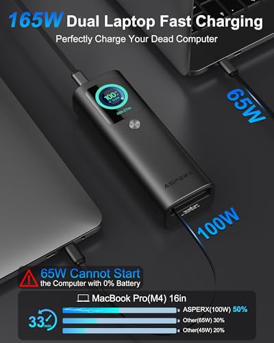 AsperX Laptop Power Bank, 165W 20,000mAh Retractable Cable Aluminum Unibody - color: Grey