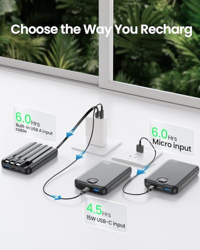 Portable Charger 10000mAh with 4 Built-in Cables 40% Smaller (Ebony)