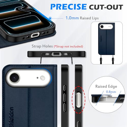 SHIELDON Genuine Leather Wallet Case for iPhone Air 6.5" 2025, Navy Blue | Magnetic Closure, RFID Blocking, Credit Card Holder, Kickstand, Folio Design, Shockproof Protective Cover - color: Navy Blue