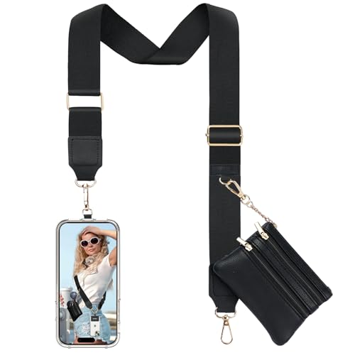 TiMOVO Clip and Go Phone Strap Crossbody with Leather Wallet, Adjustable Anti-Theft Lanyard with Pouch for Most Phone Case - color: Black
