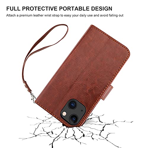 Bocasal Detachable Wallet Case Card Holder for iPhone 13, Brown | RFID Blocking Kickstand Card Slots Holder PU Leather Magnetic Shockproof Wrist Strap Removable Flip Protective Cover 6.1 inch - color: Brown