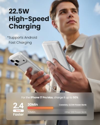 Fast Charging Power Bank, USB C Portable Charger Built-in Cables and Wall Plug, 10500mAh 22.5W 4 Outputs 3 Inputs LED Display External Battery Pack Compatible with iPhone/Android (White) - color: White