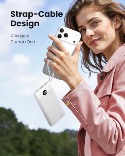 Portable Power Bank, 10000mAh Slim Portable Charger with Built-in Cables, External Battery Pack 5 Outputs 2 Inputs LED Display Compatible with iPhone/Android & More (White) - color: White