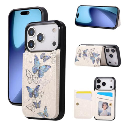 UEEBAI Wallet Case for iPhone 17 Pro Max with Card Holders, PU Leather Floral Cover Kickstand RFID Blocking Double Magnetic Clasp Rilievo Flower Flip Case for Women Girls - Blue Butterfly | PU Leather Cover, Kickstand, RFID Blocking, Double Magnetic Clasp