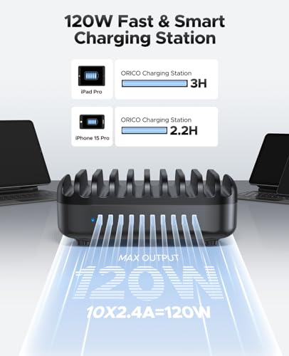 ORICO 10-Port Charging Station, 120W Max Output USB Charger Dock, Black - color: 10 USB Ports, Black