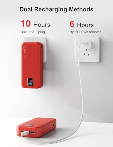 Portable Charger 20000mAh 22.5W w/Built-in Cable & Wall Plug Red - color: Ruby