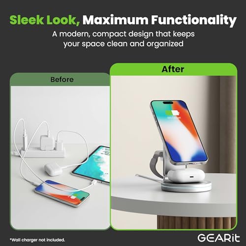 GEARit 3-in-1 Wireless Charging Station - Magsafe Compatible Charger Stand for Phone, Watch, Earbuds iPhone 14, 15, 16, 16 Pro, Pro Max, Apple Watch, Airpods, Samsung Galaxy and Multiple Devices