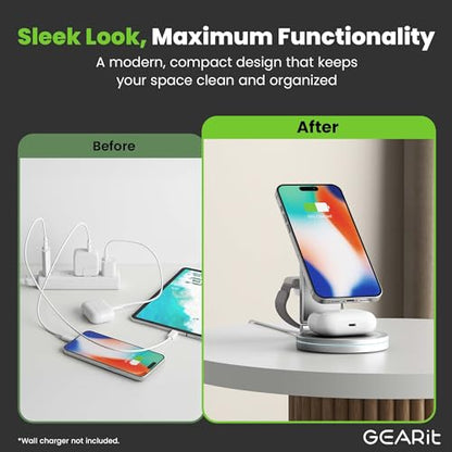GEARit 3-in-1 Wireless Charging Station - Magsafe Compatible Charger Stand for Phone, Watch, Earbuds iPhone 14, 15, 16, 16 Pro, Pro Max, Apple Watch, Airpods, Samsung Galaxy and Multiple Devices