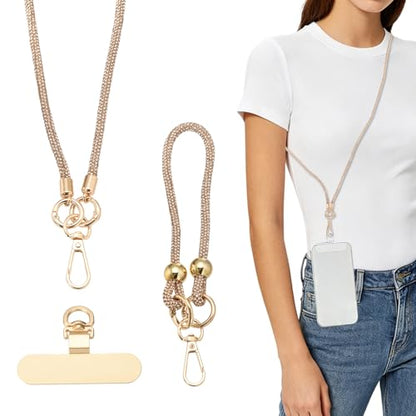 PATIKIL Crystal Phone Strap Crossbody Wrist Lanyard Phone Strap Rhinestone Cell Phone Lanyard Necklace with Tether Tabs - color: Champagne