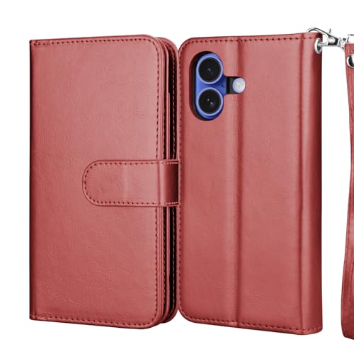 NJJEX Wallet Case Compatible with iPhone 17 6.3" 2025, [9 Card Slots] PU Leather Card Holder Folio Flip [Detachable] Kickstand Magnetic Phone Cover & Lanyard Compatible for iPhone 17 [Wine Red] | PU leather folio flip, detachable magnetic phone cover, int