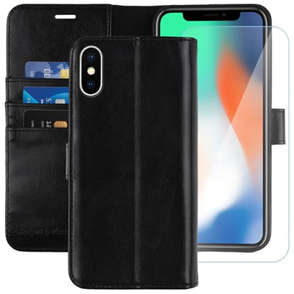 MONASAY Wallet Case for iPhone X/Xs with 3 Card Holders - Black | Kickstand,RFID Blocking,6.6 feet of shock absorption,PU Leather,Strong Magnetic Closure,Fits 5.8 inch ONLY,screen Protector - color: Black