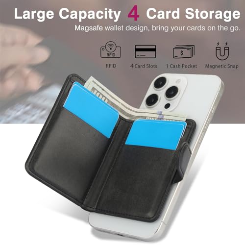HAII for MagSafe Card Wallet Bag compatible with MagSafe Invisible Ultra-Thin Lightweight Kickstand Magnetic Mobile Wallet Man Woman, 4 Card Slots + 1 Cash Bag. (Black, Buckle Wallet) - color: Black, size: 4 Card Slots + 1 Cash Bag - Buckle Wallet